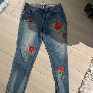 Code Bleu Denim Jeans with Red Floral Accents